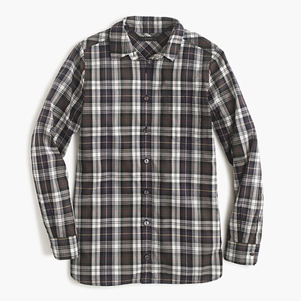 J CREW Shrunken boy shirt in forest plaid Black White Womens Size 2 XS